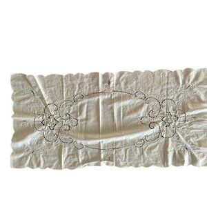 Vintage White Rectangular Linen Embroidered Table Runner with Scalloped Edges